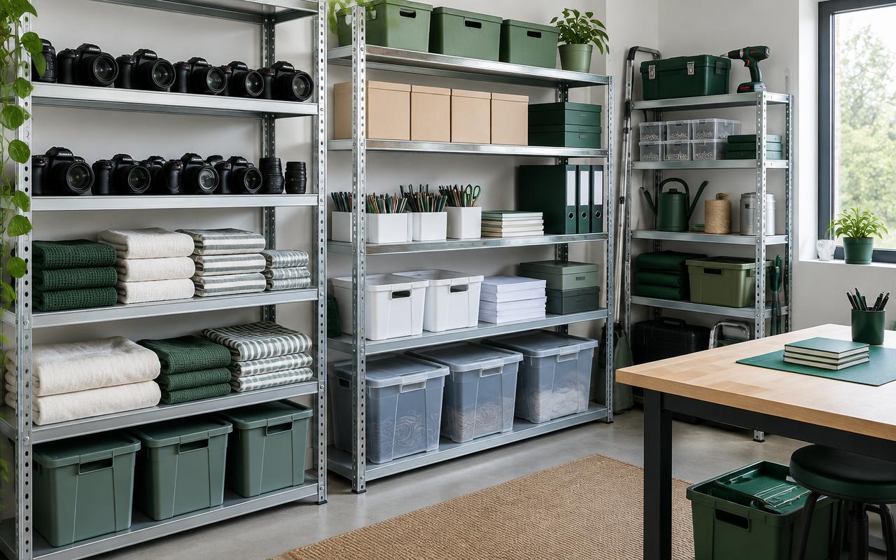 An organized workspace with cameras, tools, supplies, and linens arranged on shelving